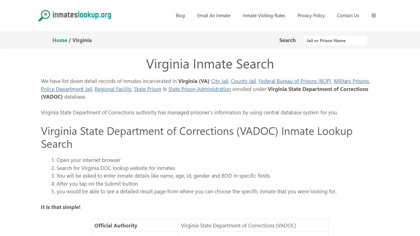 Virginia Inmate Lookup & Search - Virginia State Department of ...